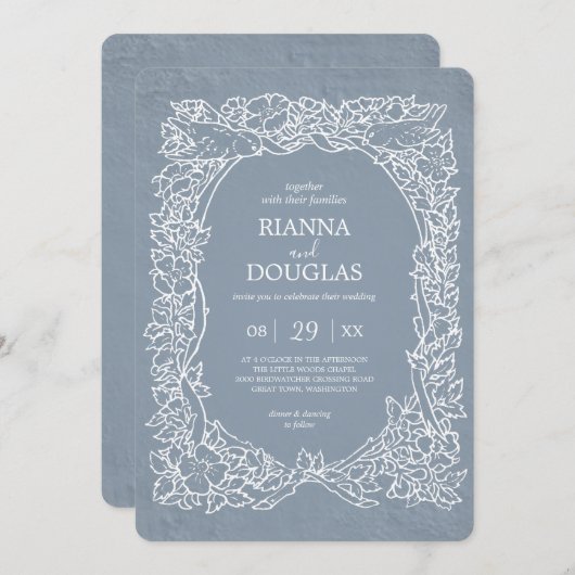 Rustiek Stoffig Blauw & Wit Bloemen Vogel Bruiloft Kaart (Voorkant / Achterkant)