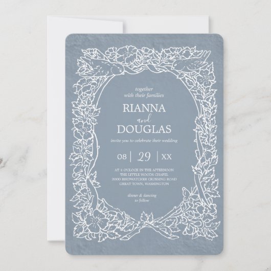 Rustiek Stoffig Blauw & Wit Bloemen Vogel Bruiloft Kaart (Voorkant)