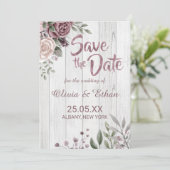 Rustiek stoffig Roos Bloemen op Hout Save The Date (Staand voorkant)