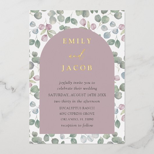 Rustiek stoffig Roos & gouden Eucalyptus bruiloft Folie Uitnodiging (Voorkant)