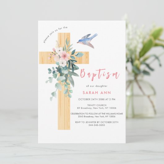 Rustiek Stoffig Roze Bloemen Eucalyptus Cross Doop Kaart (Staand voorkant)