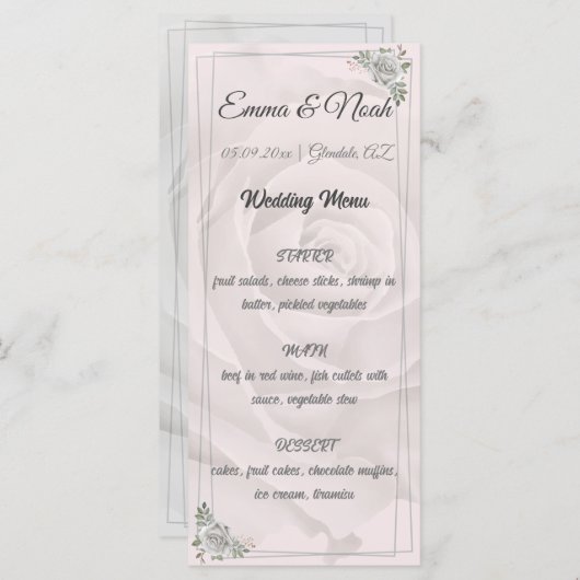 Rustiek stoffig wit rozen plat menu (Voorkant / Achterkant)