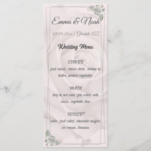 Rustiek stoffig wit rozen plat menu (Voorkant)