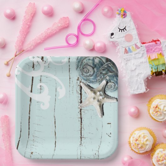 Rustiek strand Aqua Blue Seashell Zeesterren bruil Papieren Bordje (Feest)