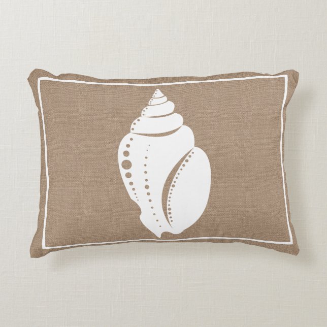 Rustiek Strand Wit Seashell & Faux Burlap Accent Kussen (Voorkant)