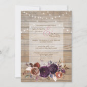 Rustiek String Licht Paarse Bloemen Bruiloft Hout Kaart (Voorkant)