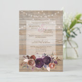Rustiek String Licht Paarse Bloemen Bruiloft Hout Kaart (Staand voorkant)