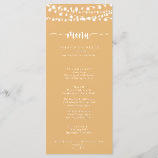 Rustiek String Lights Geel Diner Menu (Voorkant)