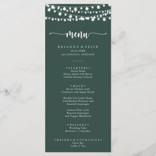 Rustiek String Lights Groen Diner Menu (Voorkant)