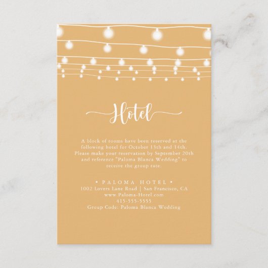 Rustiek String Lights Kalligrafie Geel Hotel Informatiekaartje (Voorkant)