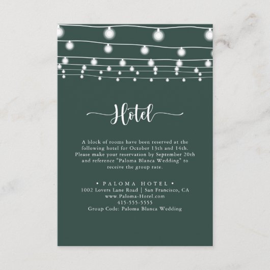 Rustiek String Lights Kalligrafie Green Hotel Informatiekaartje (Voorkant)