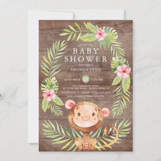 Rustiek Sweet Monkey Meisje Baby shower Invitation Kaart (Voorkant)