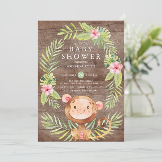 Rustiek Sweet Monkey Meisje Baby shower Invitation Kaart (Staand voorkant)