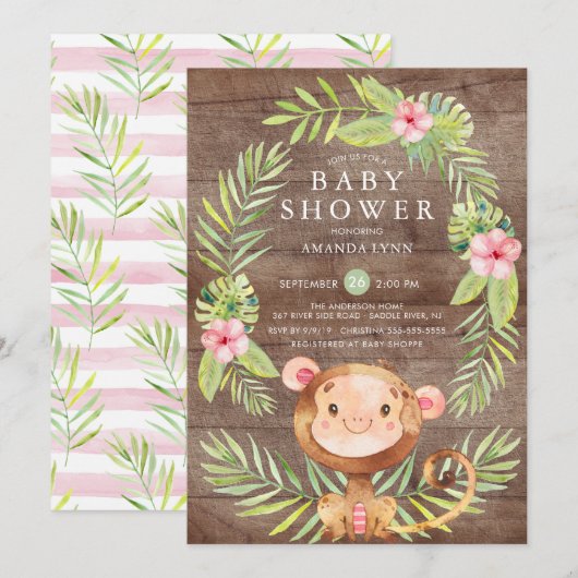 Rustiek Sweet Monkey Meisje Baby shower Invitation Kaart (Voorkant / Achterkant)