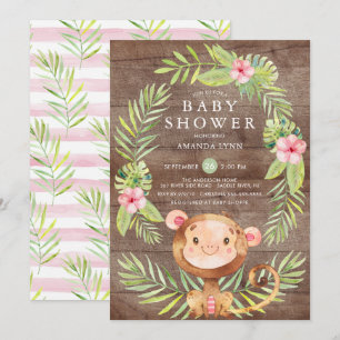 Rustiek Sweet Monkey Meisje Baby shower Invitation Kaart