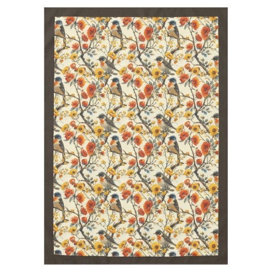Rustiek tafelkleed met Vogels & Herfst Bloemen Acc (Voorkant)