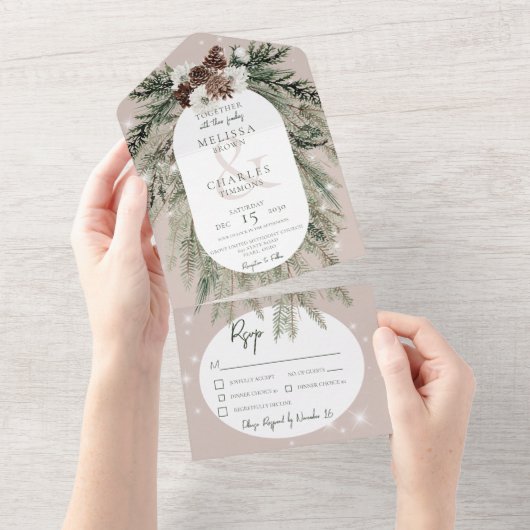 Rustiek Tan Pine Winter Sparkle Diner All In One Uitnodiging (Afscheurbaar)