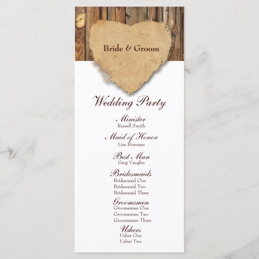 Rustiek Tattered Heart Wood Wedding Programma Programmakaart (Voorkant)