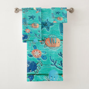 Rustiek Teal Hout & Onder de Zee Vrienden Speels Bad Handdoek