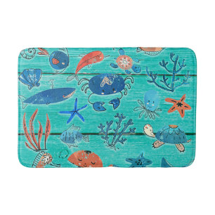 Rustiek Teal Hout & Onder de Zee Vrienden Whimsisc Badmat