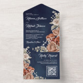 Rustiek Terracotta Bloemen Marine Blauw QR Code Br All In One Uitnodiging (Binnen)