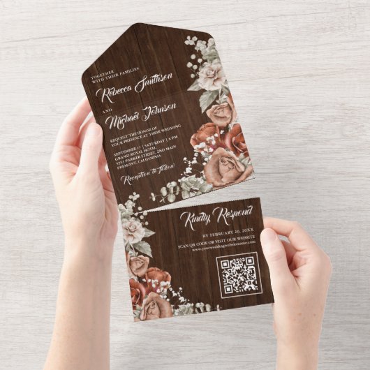 Rustiek Terracotta Bloemenschuur hout QR Code Brui All In One Uitnodiging (Afscheurbaar)