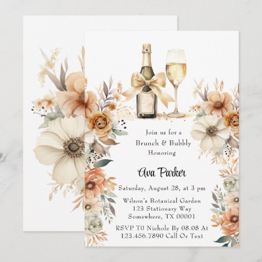 Rustiek Terracotta Crème Floral Brunch & Bubbly Kaart (Voorkant / Achterkant)