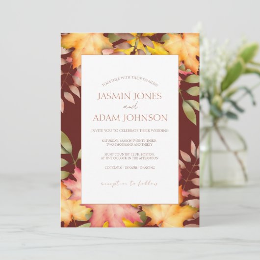 Rustiek Terracotta Herfst Herfst bladeren Bruiloft Kaart (Staand voorkant)