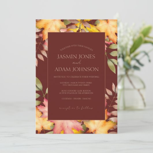 Rustiek Terracotta Herfst Herfst bladeren Bruiloft Kaart (Staand voorkant)