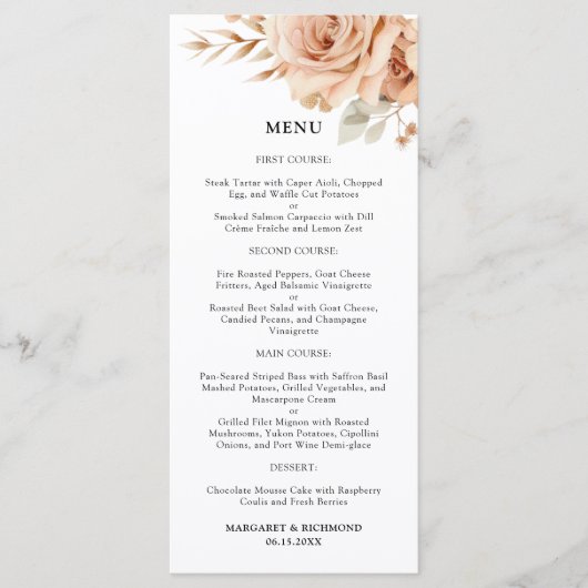 Rustiek Terracotta Roos Bloemen Trouwmenu Menu (Voorkant)