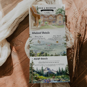Rustiek Teton gebergte   Geïllustreerde bruiloft Drieluik Uitnodiging
