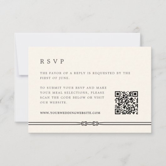 Rustiek Touw Detail Ecru Bruiloft QR Code RSVP Kaartje (Voorkant)