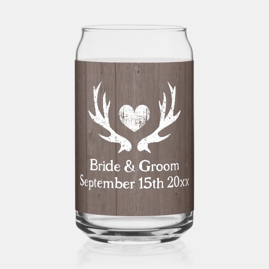 Rustiek trouwglas met lief gewei hart logo blikvorm glas (Voorkant)