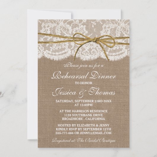 Rustiek Twine Bow Bruiloft repetitie diner Kaart (Voorkant)