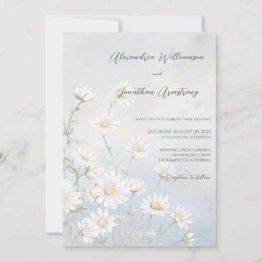 Rustiek veld van Daisies op Bord Blue Wedding Kaart (Voorkant)