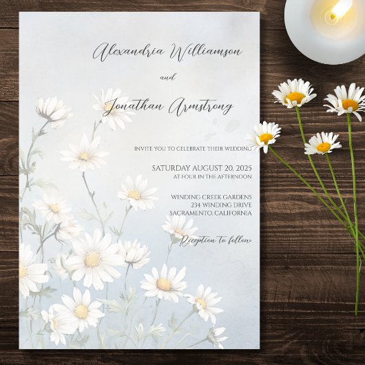 Rustiek veld van Daisies op Bord Blue Wedding Kaart