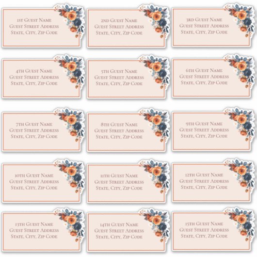 Rustiek Verbrand Sinaasappel & Blauw Bloemen Weddi Sticker (Voorkant)