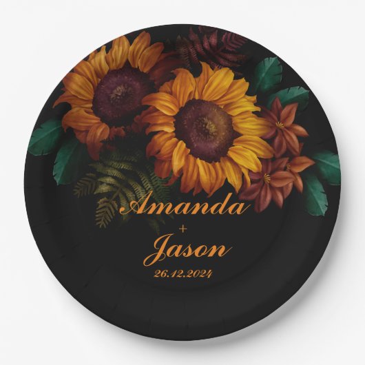 Rustiek verbrand Sinaasappel Bloemen bruiloft Papieren Bordje (Voorkant)