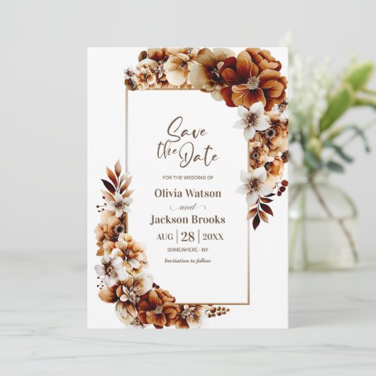 Rustiek Verbrand Sinaasappel Bloemen Bruiloft Save Save The Date (Staand voorkant)