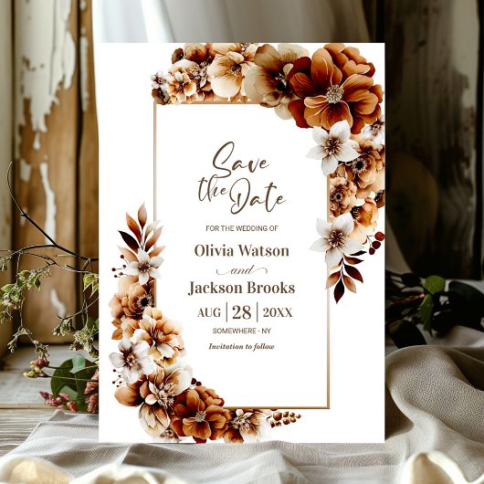 Rustiek Verbrand Sinaasappel Bloemen Bruiloft Save The Date