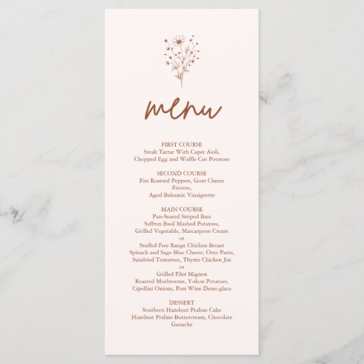 Rustiek Verbrand Sinaasappel Boho Botanicals Weddi Menu (Voorkant)