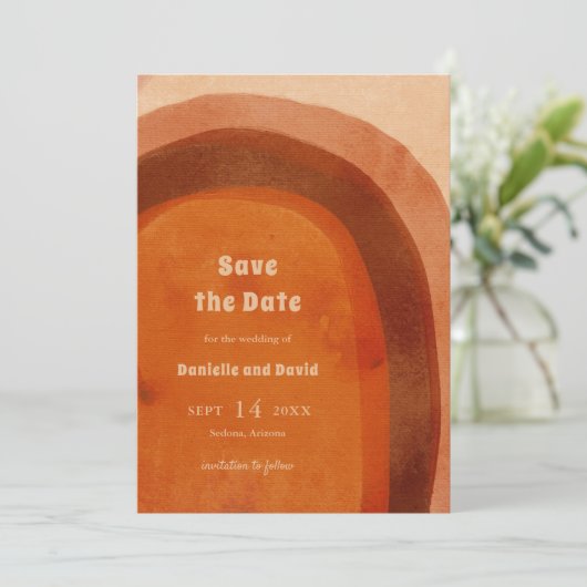 Rustiek Verbrand Sinaasappel Boog Foto Modern Wedd Save The Date (Staand voorkant)