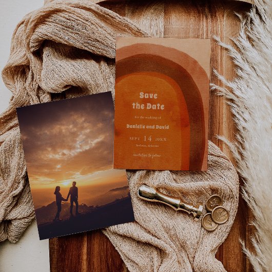 Rustiek Verbrand Sinaasappel Boog Foto Modern Wedd Save The Date