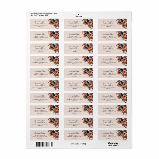 Rustiek Verbrand Sinaasappel en Blauw Bloemen Brui Etiket (Full Sheet)