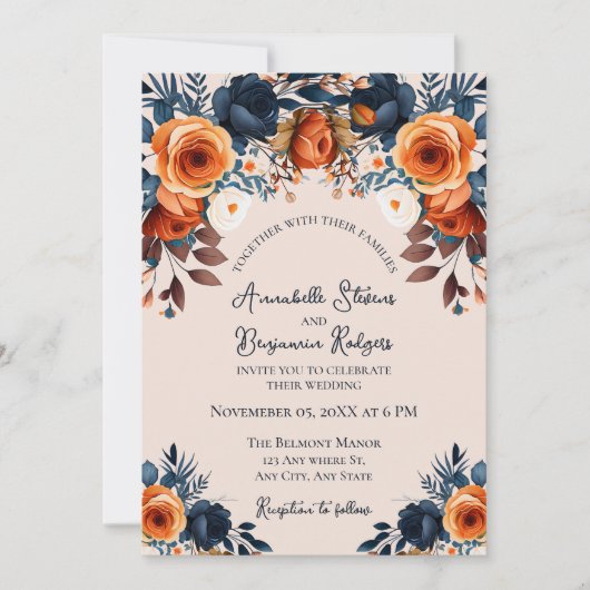 Rustiek Verbrand Sinaasappel en Blauw Bloemen Brui Kaart (Voorkant)