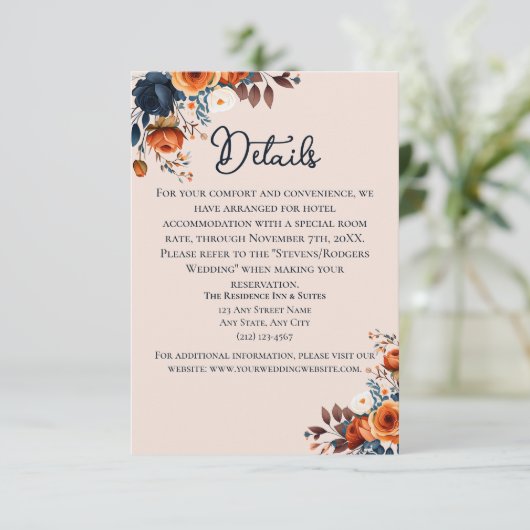 Rustiek verbrand Sinaasappel en blauw bruiloft Det Informatiekaartje (Staand voorkant)