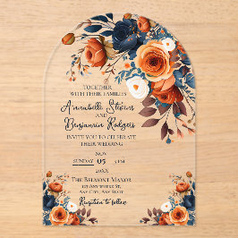 Rustiek verbrand Sinaasappel en blauw bruiloft uit Acryl Uitnodigingen