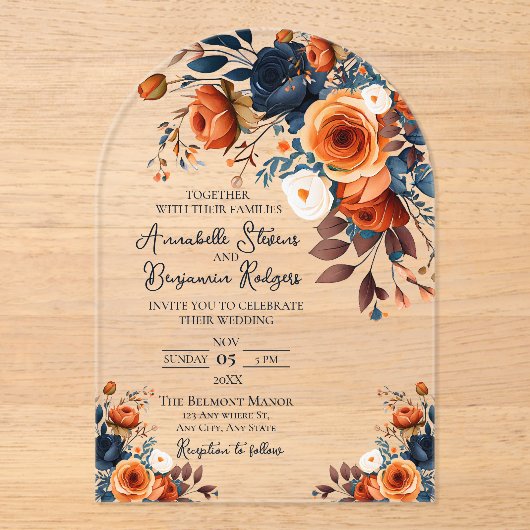 Rustiek verbrand Sinaasappel en blauw bruiloft uit Acryl Uitnodigingen (Voorkant)