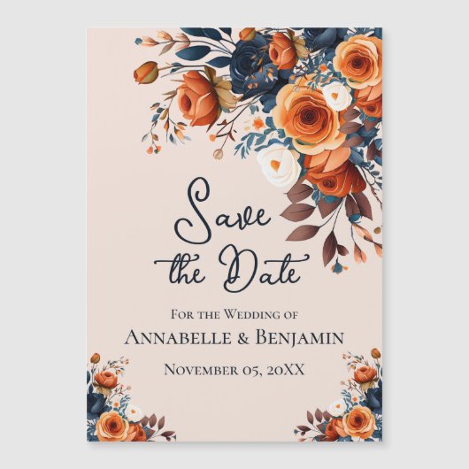 Rustiek Verbrand Sinaasappel En Blauwe Huwelijk Sa Magnetische Uitnodiging (Voorkant)