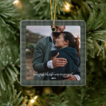 Rustiek Verloving Foto Ornament Gift- Green Plaid